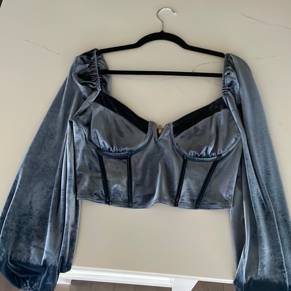 Blue velvet long sleeve corset top - Picture 1 of 4